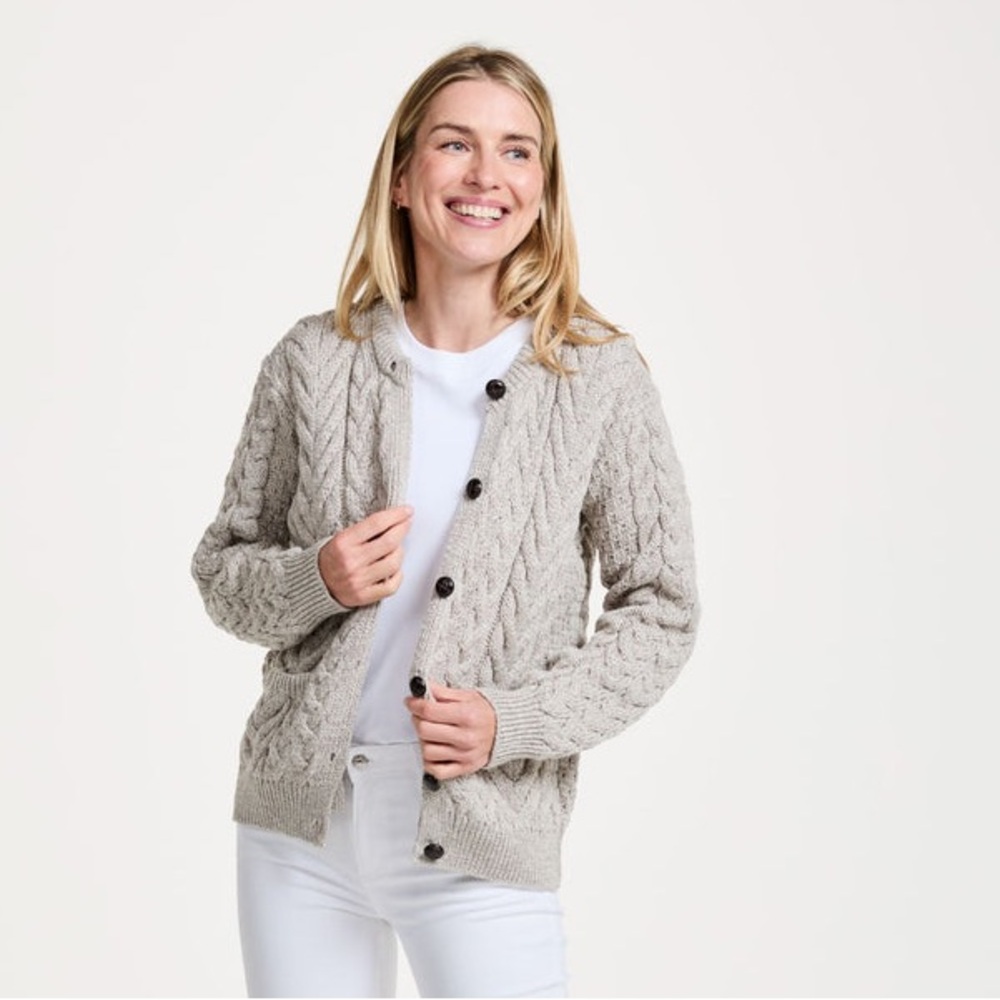 Aran Woolen Mills Cleggan Ladies Aran Crew Neck Cardigan Sweater - Oat - Medium